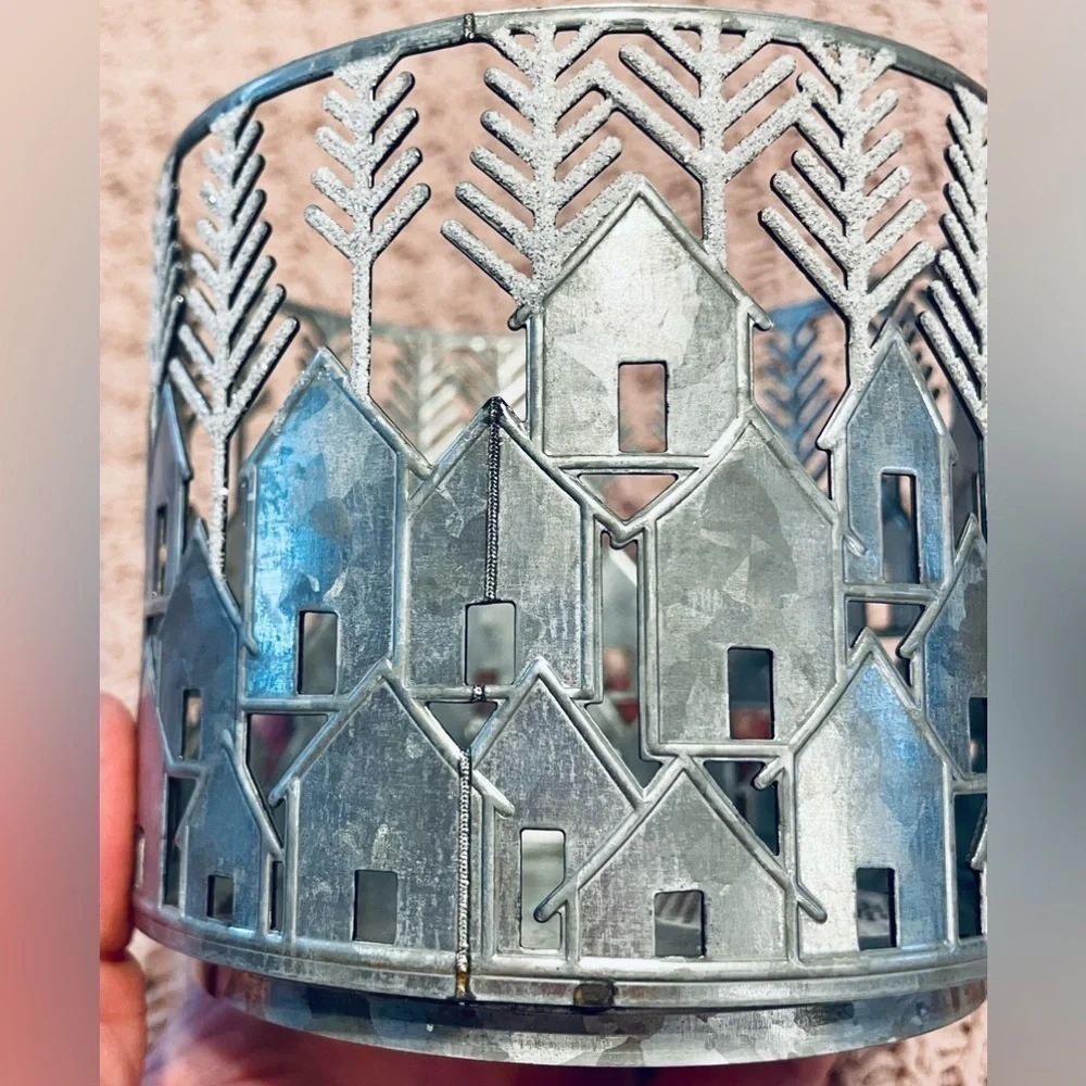 ❄️ GLITTER CAPPED TREES & HOUSES Theme Bath & Body 3 Wick Candle Holder Retired